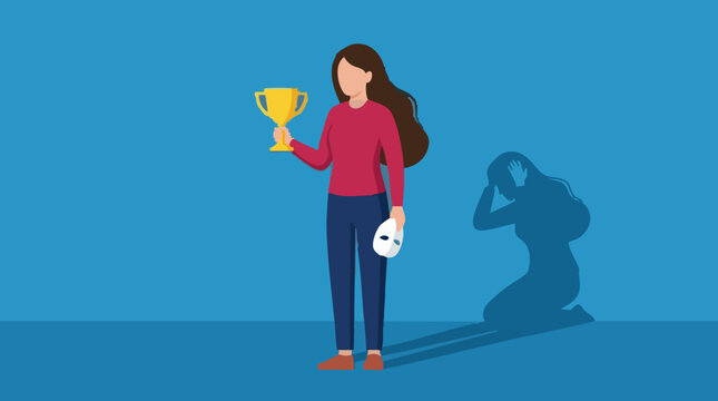 Woman with trophy and mask, shadow reveals hidden stress and imposter syndrome