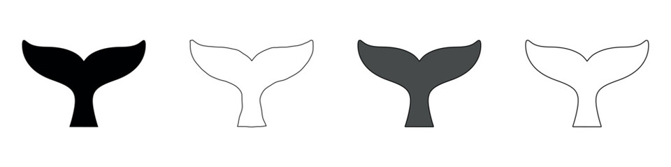 Set of four whale tail icons in black, white, and gray silhouette styles © Ophelia