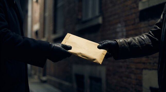 Gloved hands exchanging an envelope in a dark alley