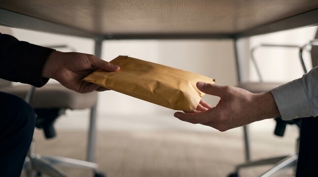 Business people secretly passing an envelope under the table in corporate bribery concept