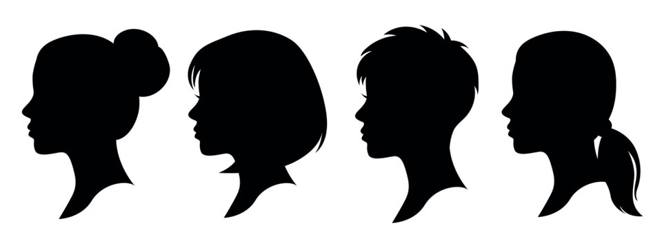 Female short hair silhouette set, women bob pixie side profile and head portrait icons