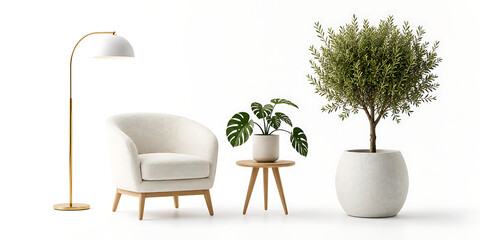 Fototapeta premium Minimalist modern furniture set, white armchair with gold floor lamp, indoor potted plants and wooden side table, elegant home interior decor isolated on White Background ai
