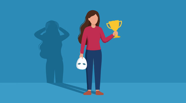 Woman with trophy and mask, shadow showing imposter syndrome and stress