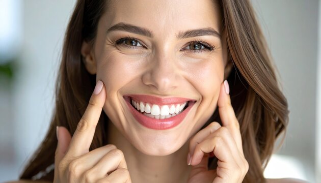 Young woman smiles broadly in a close-up portrait. She presses fingers to her cheeks, showcasing natural beauty, happiness, and healthy teeth.