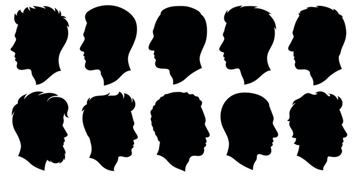 Male side face silhouette bundle, men clean styled hairstyle head and portrait icons