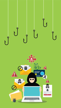 Hacker with laptop computer stealing confidential data, personal information and credit card detail. Hacking concept.	