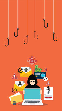 Hacker with laptop computer stealing confidential data, personal information and credit card detail. Hacking concept.	