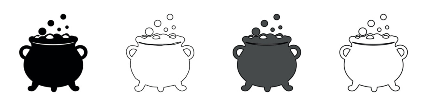 Four cauldron icons with bubbling potion, black, white, and gray styles