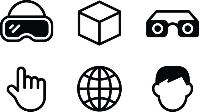 Virtual reality and metaverse web icons featuring a vr headset, 3D cube, cursor hand, internet globe, digital viewer, and user avatar and world