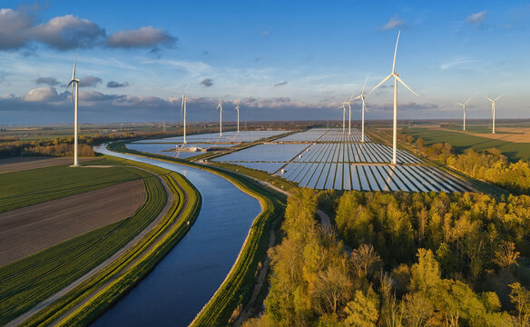 Aerial view of a solar farm and wind turbines situated next to a canal in a rural landscape with green fields and trees in Groningen, Netherlands.