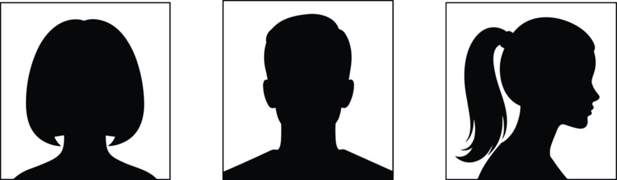User profile avatar silhouettes set featuring male and female head icons in square frames isolated on white background