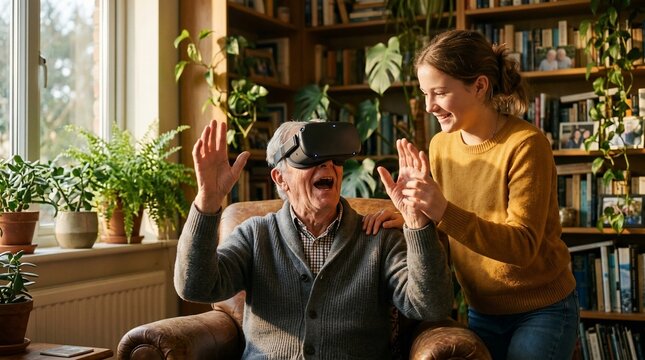 Happy senior man experiencing virtual reality with his daughter at home.