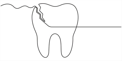 Continuous one line drawing of broken tooth. simple dental tooth  line art vector illustration. Dentist stomatology medical concept.  © JACKALLIS