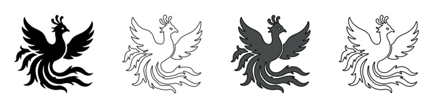 Mythical phoenix bird emblem in silhouette, outline, and filled styles