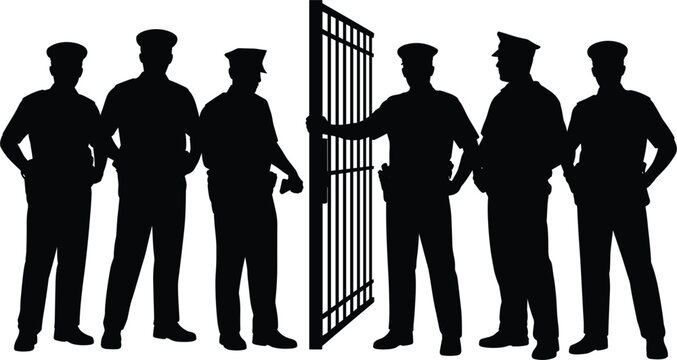 Police officers silhouette vector set, guard opening prison bars gate, law enforcement isolated graphic design