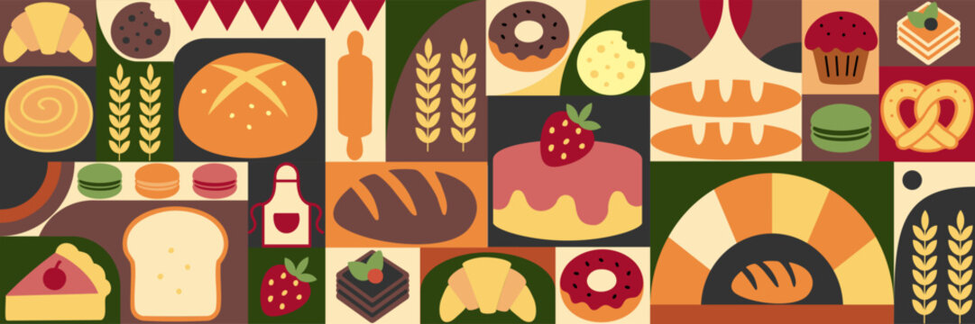 Geometric food pattern. Bread and pastries background. Abstract bakery menu background. Geometric pattern bread, croissant, donut.