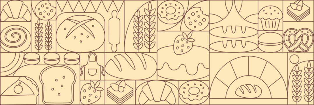 Bread and pastries background. Abstract bakery menu background with line drawing. Geometric pattern bread, croissant, donut. Geometric food pattern.