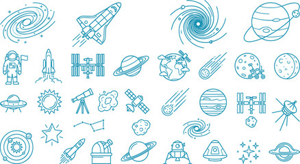 Outer Space and Astronomy Line Icon Set Featuring Galaxy Spirals Rocket Shuttles Astronauts Planets Meteors and Celestial Exploration Symbols © AB