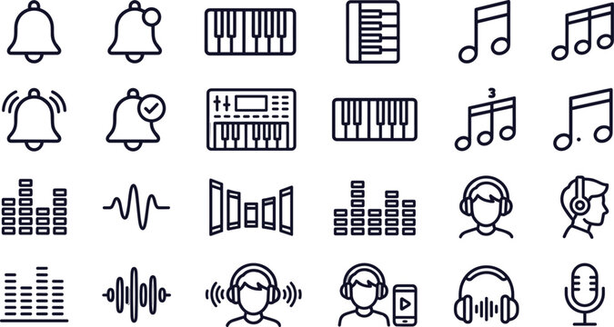 Music Audio Production and Notification Line Icon Set Featuring Piano Keyboards Soundwaves Headphones Microphone and Alert Bell Symbols