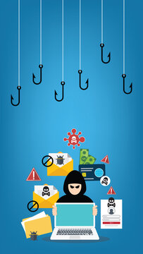 Hacker with laptop computer stealing confidential data, personal information and credit card detail. Hacking concept.
