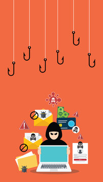 Hacker with laptop computer stealing confidential data, personal information and credit card detail. Hacking concept.