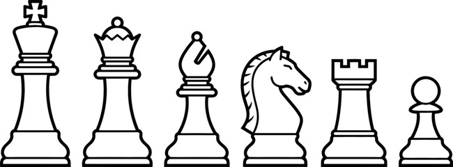 Chess Pieces Vector Icon Set with King, Queen, Bishop, Knight, Rook, and Pawn Outline Graphic Elements for Strategy, Competition, Gaming, and Business Management Concepts © Borsha