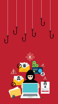 Hacker with laptop computer stealing confidential data, personal information and credit card detail. Hacking concept.