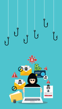 Hacker with laptop computer stealing confidential data, personal information and credit card detail. Hacking concept.