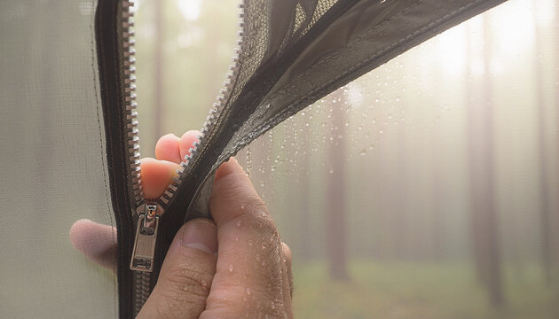 Hand Unzipping Tent with Morning Forest Light