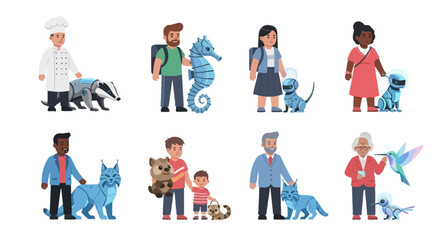 Fototapeta premium Diverse People with Futuristic Robotic Pets and Animals