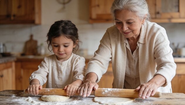 Caucasian Senior Grandmother and Young Toddler Girl Rolling Dough Together with Wooden Rolling Pin on Flour Dusted Table in Cozy Rustic Kitchen