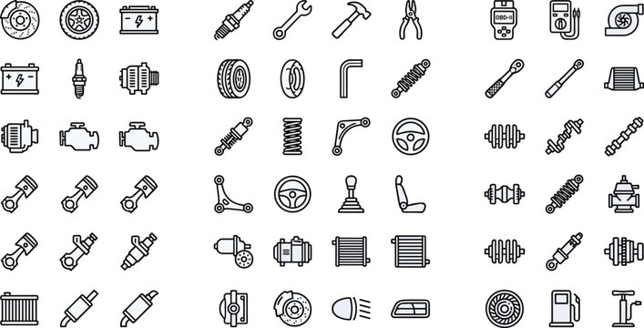 Vector collection of car auto parts and mechanic tools line icons set automobile engine and maintenance service elements isolated on white background