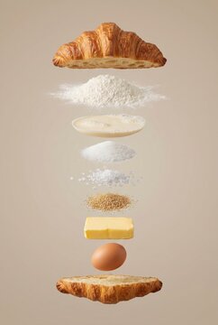 Creative Exploded View of French Croissant Ingredients Floating on Beige Background with Flour Butter Egg Sugar Sea Salt and Yeast Vertical