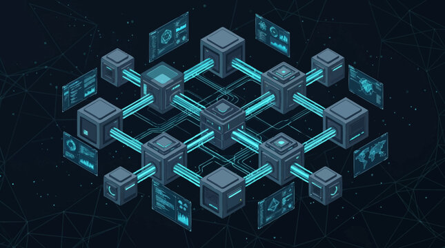 Glowing blue cube network structure.