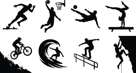Extreme Sports Silhouette Collection Featuring Basketball Cycling Surfing Climbing and Skateboarding © MstRowshan