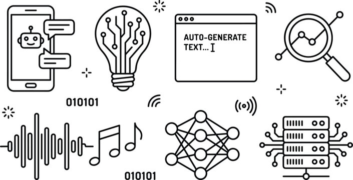 Hand drawn artificial intelligence outline icons set with chatbot chatbot bulb text generation network and server hardware