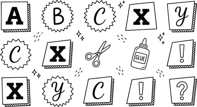 Hand drawn ransom note alphabet outline icons set with cutout letters typography scissors glue and exclamation marks