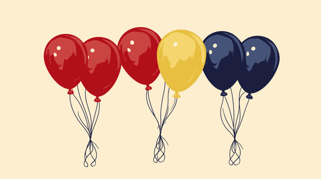 Six multicolored balloons (red, yellow, blue) tied with black strings, arranged horizontally on a light beige background, slightly overlapping, minimalist style
