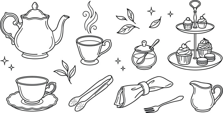 Hand drawn afternoon tea party outline icons set with teapot cups leaves honey stand cupcakes and pitcher