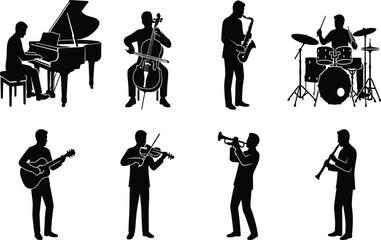 Set of musicians silhouettes playing instruments including piano drums guitar saxophone trumpet violin and cello © MstRowshan