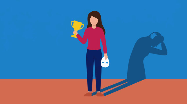 Imposter syndrome concept: Successful woman holding trophy and mask, hiding inner turmoil