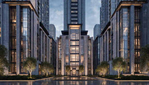 Modern luxury apartment complex with symmetrical architecture and glass facade lighting at dusk real estate apartment building architecture residential property exterior symmetry
