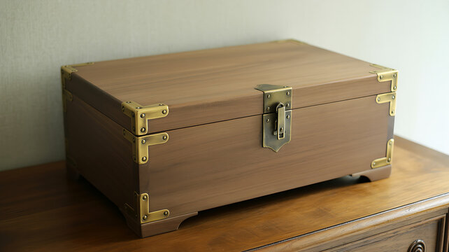 Classic wooden storage chest with brass corner brackets and latch