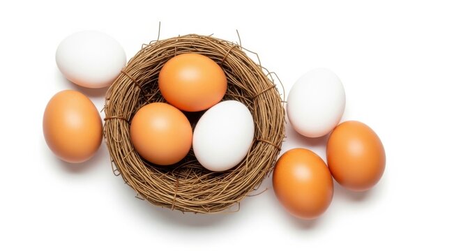 Eggs in a woven bird nest with extra eggs around