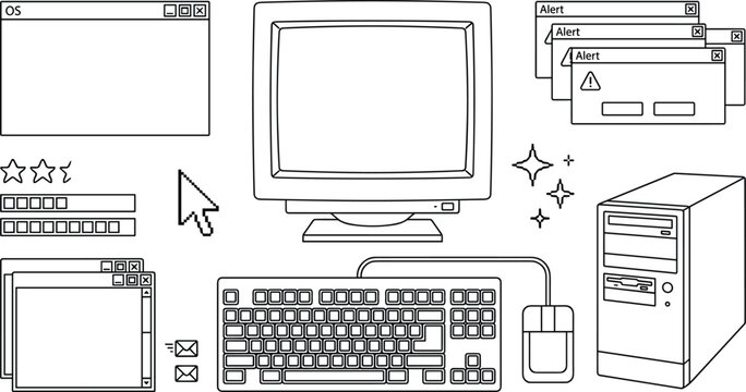 Hand drawn retro computer technology outline icons set with monitor keyboard mouse windows alerts and desktop tower