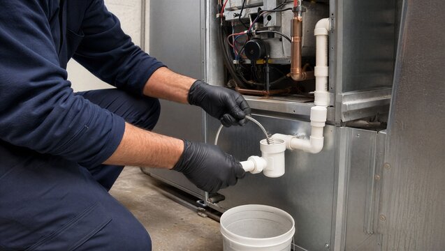 Technician cleaning condensate drain line of HVAC system. Specialist removing clog from air conditioner pipe with brush. Professional maintenance service for home climate equipment.