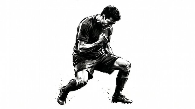 Ink illustration of a male soccer player clenching his fist and shouting