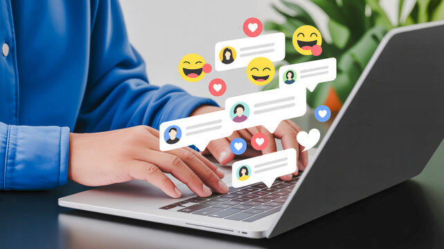A woman interacts with a laptop emitting various emojis and social media icons in a modern workspace