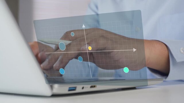 Marketer using laptop to analysis Business market positioning, scatter matrix chart, digital interface, Stylus pen selecting data point, product positioning strategy, competitive market research