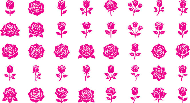 Pink rose icon collection featuring cute silhouette flower blossoms with stems and leaves for romantic valentines day pattern design